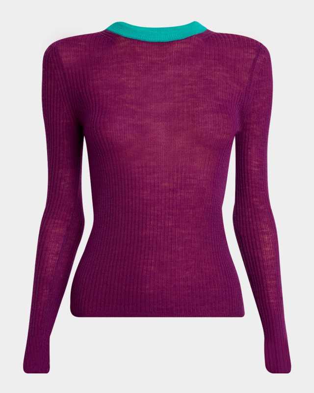 Bicolor Long-Sleeve Wool Crewneck Sweater